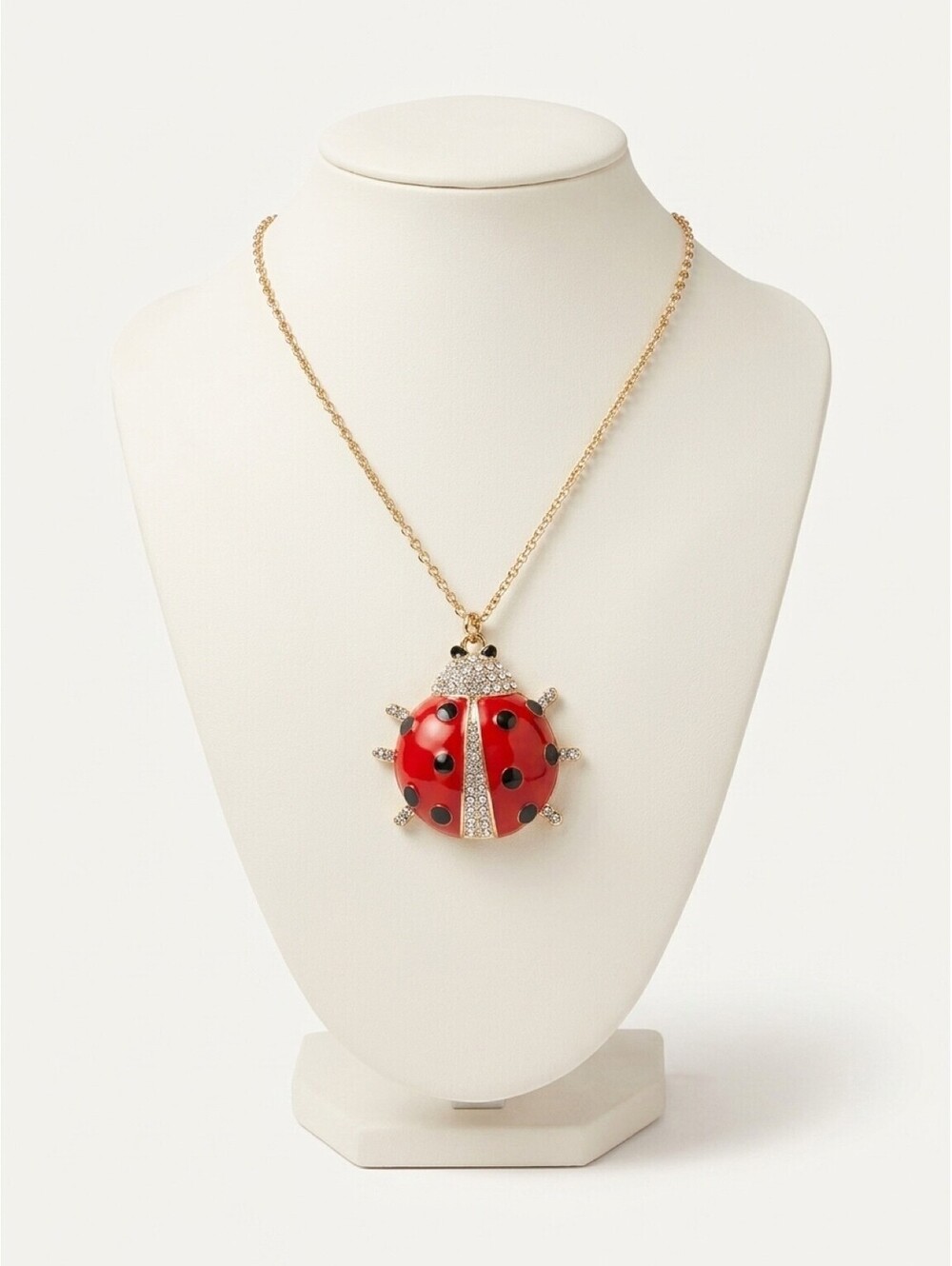 Red Ladybug Pendant Necklace Rhinestone Enamel Gold Tone Long Chain Statement